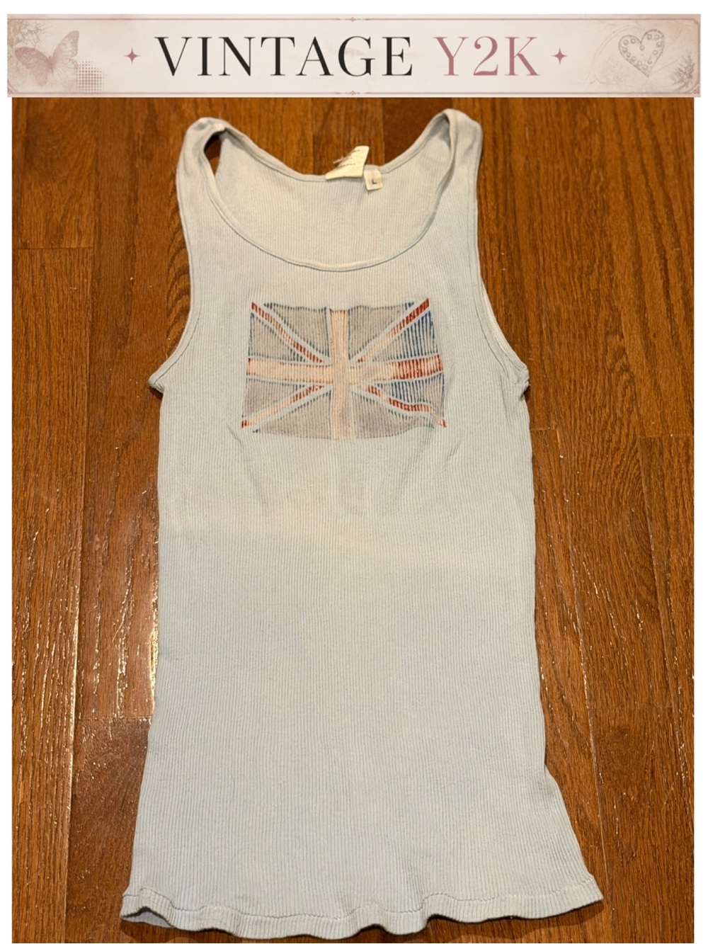 Vintage Light Blue Ribbed Tank Top with Union Jack Detail